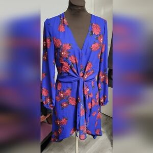 Small Dynamite Floral Faux Wrap V- Neck Dress